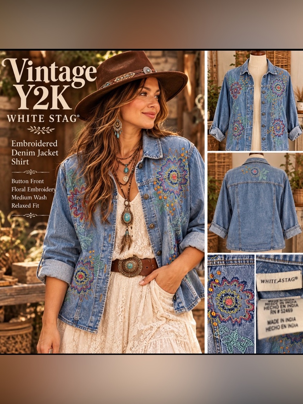 Vintage y2k- White Stag / western Embroidered Denim Jacket Shirt - Blue - large